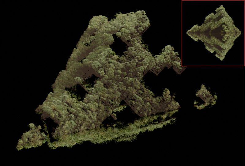 An island with mirrored geometry. The top and bottom halves are raymarched at the same time but bottom one is saved into its own buffer in the reconstruction pass. Inset: The camera's point of view. Note how occluded parts didn't generate any points.
