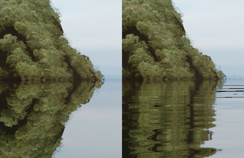 Basic but pretty reflections. Left: the planar reflection without any distortion. Right: after eight texture reads (for blur) using a warped normal. The black artefacts aren't that visible after the post process passes.