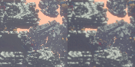 Point reconstruction filter. Left: with 1 pixel splats (box filter), right: 2x2 tent filter